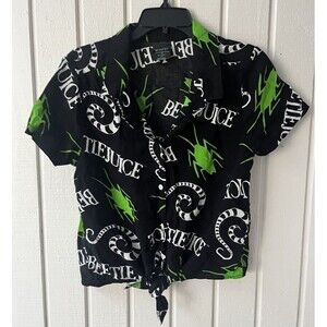 Beetlejuice Top Sz Large - Short Sleeve Button Up Tie Front Shirt Black Green